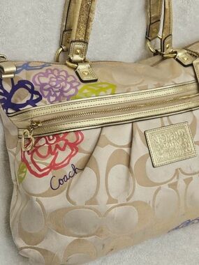 Coach Metallic Cream Tote with Multicolor Floral Print